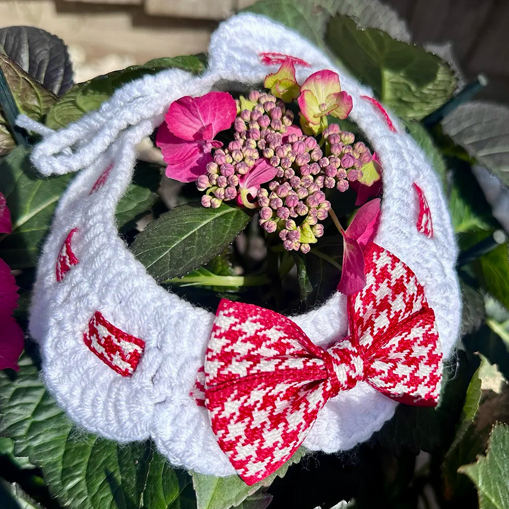 Scalloped Houndstooth Crochet Dog Collar in Red & White - Goodest Girl
