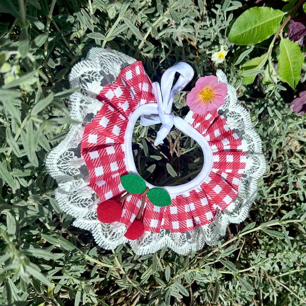 Red Cherry Gingham Lace Ruffle Dog Collar - Goodest Girl