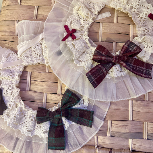 Frilly Lace Dog Collar with Red Plaid Bow