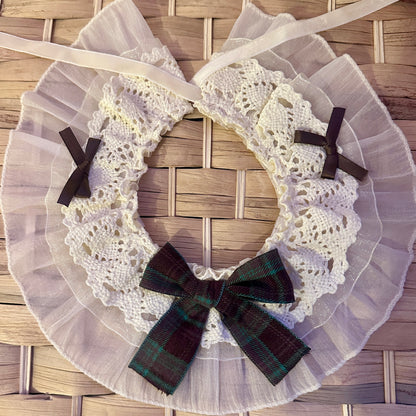 Frilly Lace Dog Collar with Green Plaid Bow