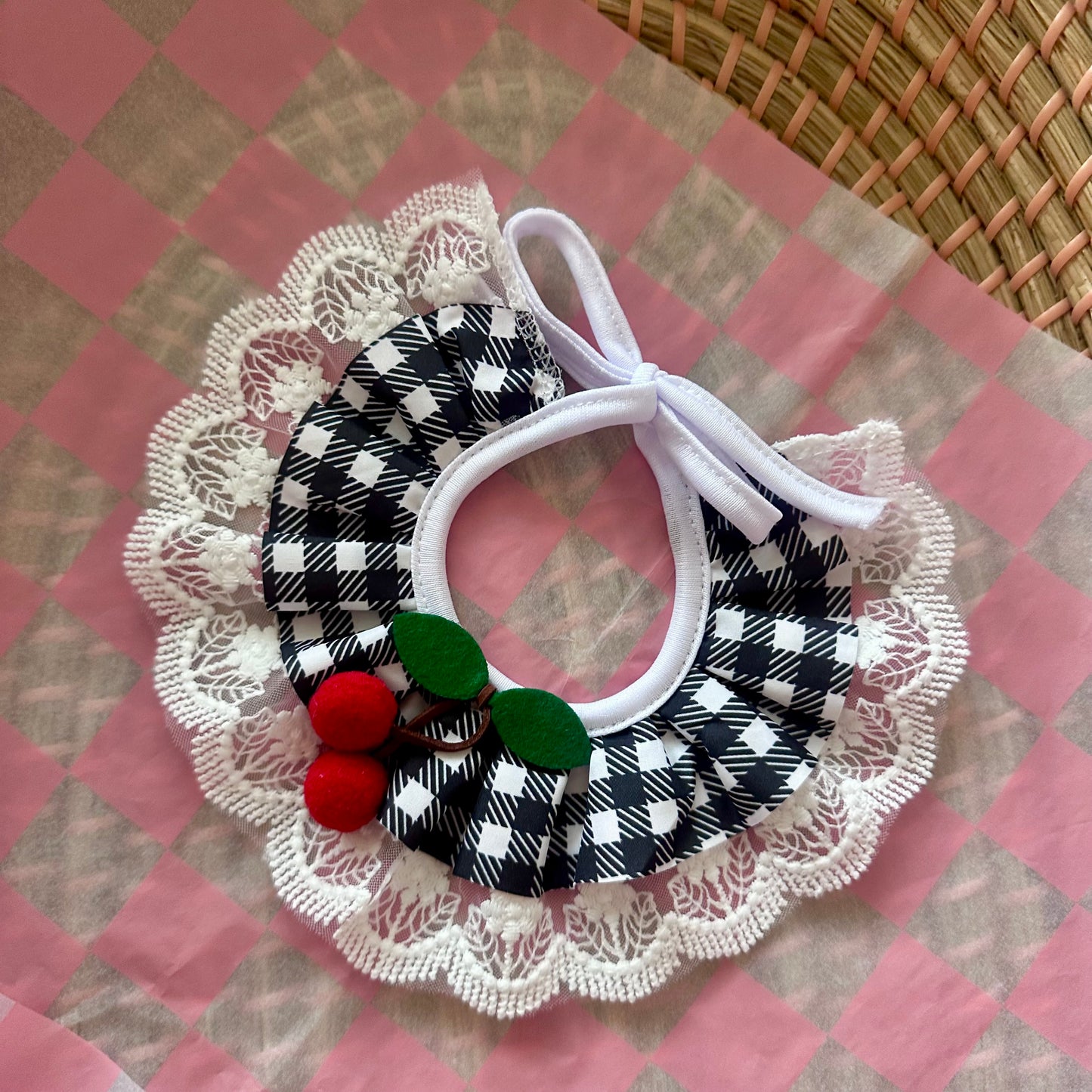 Black Cherry Gingham Lace Ruffle Dog Collar - Goodest Girl 
