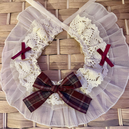 Frilly Lace Dog Collar with Red Plaid Bow