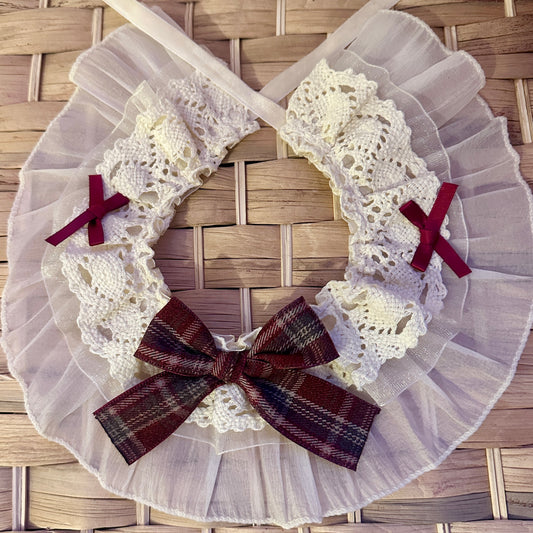 Frilly Lace Dog Collar with Red Plaid Bow