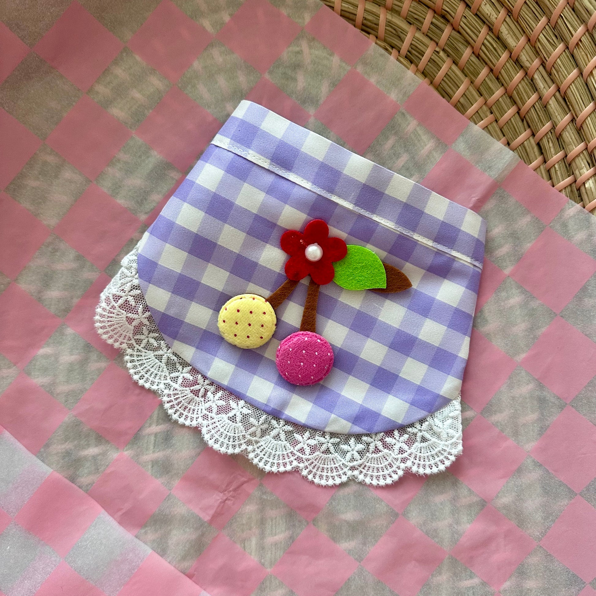 Lilac Gingham Dog Bandana With Patchwork Cherry - Goodest Girl 