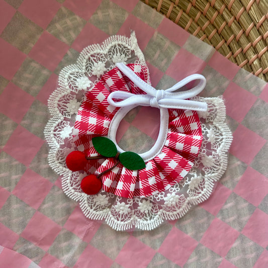 Red Cherry Gingham Lace Ruffle Dog Collar - Goodest Girl 